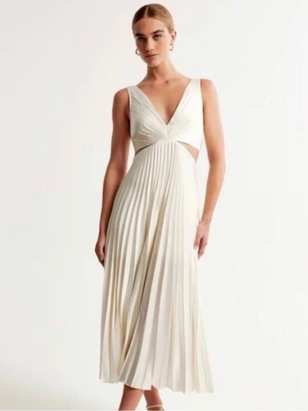 Abercrombie & Fitch Cream Pleated Midi Dress with V-Neck